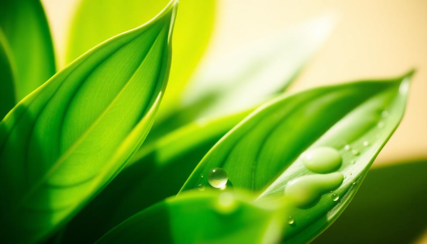 Fresh green leaves with dew in soft natural light